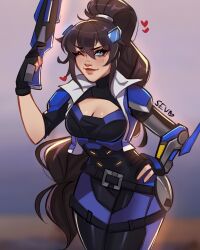 Rule 34 | 1girl, animification, artist name, black gloves, blue bodysuit, blue eyes, blush, bodysuit, breasts, brown hair, captain lacroix, cleavage, cleavage cutout, clothing cutout, gloves, gun, heart, highres, holding, holding gun, holding weapon, long hair, looking at viewer, medium breasts, official alternate costume, one eye closed, overwatch, overwatch 2, partially fingerless gloves, ponytail, sevpha, smile, solo, very long hair, weapon, widowmaker (overwatch)