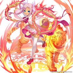 Rule 34 | 1girl, 1other, animal, arms up, blue eyes, bow, fire, full body, hair bow, hair ornament, hair rings, hairclip, hikage eiji, koihime musou, leg up, long hair, long sleeves, magic circle, midriff, miniskirt, navel, official art, open mouth, outstretched arms, pink hair, pink shirt, pink skirt, pink sleeves, pleated skirt, red footwear, ribbon, shin koihime musou, shirt, shoes, skirt, smile, sonshoukou, standing, standing on one leg, thighhighs, thighs, tiger, twintails, weapon, white thighhighs