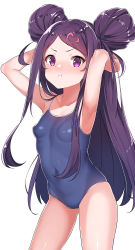 Rule 34 | 1girl, :t, armpits, arms up, blue one-piece swimsuit, blush, breasts, closed mouth, competition school swimsuit, double bun, hair ornament, heart, heart hair ornament, highres, konnyaku (kk-monmon), long hair, nose blush, ochikobore fruit tart, one-piece swimsuit, pout, purple eyes, purple hair, school swimsuit, sekino roko, sidelocks, simple background, small breasts, solo, standing, swimsuit, very long hair, white background