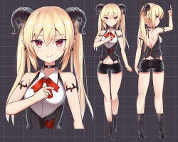 Rule 34 | 1girl, armlet, back turned, backless outfit, blonde hair, boots, choker, contrapposto, demon girl, demon horns, earrings, highres, horns, indie virtual youtuber, jewelry, long hair, looking at viewer, looking back, multiple views, navel, original, pointy ears, red eyes, ribbon, ruri manato, short shorts, shorts, standing, virtual youtuber