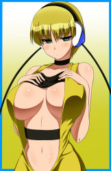Rule 34 | 10s, 1girl, bare shoulders, blonde hair, blush, breast suppress, breasts, choker, cleavage, collarbone, creatures (company), elesa (pokemon), game freak, green eyes, gym leader, highres, huge breasts, looking at viewer, navel, nintendo, pepo (absolute1123), pokemon, pokemon bw, short hair, simple background, solo, standing