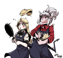 Rule 34 | 2girls, apron, bangdog, batter, black neckwear, blonde hair, blush stickers, bow, bowtie, charlie morningstar, colored pencil (medium), commentary, cooking, crossover, demon girl, demon horns, demon tail, english commentary, english text, flipping food, food, frying pan, grey hair, hazbin hotel, helltaker, highres, horns, lucifer (helltaker), mixing bowl, mole, mole under eye, motion lines, multiple girls, pale skin, pancake, red shirt, shirt, simple background, surprised, sweat, tail, traditional media, trait connection, whisk, white background, white hair, white shirt