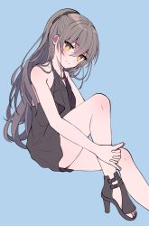 Rule 34 | 1girl, bad id, bad pixiv id, bare legs, black dress, black footwear, blue background, blush, brown eyes, brown hair, clming, commentary request, dress, girls&#039; frontline, hair ribbon, hairband, highres, jewelry, korean commentary, long hair, looking at viewer, necklace, ponytail, ribbon, scar, scar across eye, scar on face, shoes, sitting, smile, solo, ump45 (girls&#039; frontline)