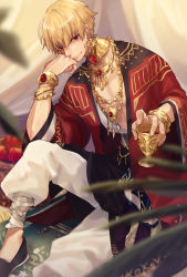 Rule 34 | 10s, 1boy, alcohol, apple, bandages, basket, black footwear, blonde hair, blurry, bracelet, carpet, chalice, closed mouth, cup, curtains, depth of field, earrings, fate/extella, fate/extra, fate/stay night, fate (series), fingernails, flower, food, fringe trim, fruit, gem, gilgamesh (fate), hair between eyes, hand on own face, hand up, head rest, highres, hino hinako, holding, holding cup, jewelry, knee up, layered clothes, leaf, long sleeves, looking at viewer, male focus, multicolored clothes, necklace, official alternate costume, open clothes, open robe, pants, pectorals, puffy pants, red eyes, red gemstone, red robe, robe, shoes, sitting, smile, solo, white pants, wide sleeves, wine