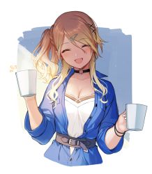 Rule 34 | 1girl, :d, ^ ^, black choker, blue jacket, blush, breasts, brown hair, choker, cleavage, closed eyes, collarbone, cropped torso, cup, closed eyes, facing viewer, head tilt, highres, holding, holding cup, idolmaster, idolmaster shiny colors, izumi mei, jacket, long hair, long sleeves, medium breasts, mug, o-ring, o-ring choker, one side up, open mouth, shiba 0, shirt, smile, solo, upper body, white shirt