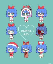 Rule 34 | 0725akaba, 1girl, :3, absurdres, animal costume, animal ears, animal hood, apron, barefoot, black dress, blue background, blue eyes, blue hair, character name, chef hat, chibi, closed mouth, collared dress, collared shirt, dress, fake animal ears, fake tail, glasses, hair ribbon, hat, heart, highres, holding, hood, long hair, long sleeves, multiple views, omega ray, omega sisters, parted lips, puffy short sleeves, puffy sleeves, red-framed eyewear, red dress, red headwear, red ribbon, red shirt, red shorts, ribbon, santa costume, santa hat, semi-rimless eyewear, shark hood, sharp teeth, shirt, short sleeves, shorts, sidelocks, simple background, skirt, smile, striped clothes, striped shirt, tail, teeth, twintails, under-rim eyewear, vertical-striped clothes, vertical-striped shirt, very long hair, virtual youtuber, waist apron, white apron, white dress, white headwear