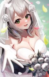 Rule 34 | 1girl, absurdres, aki (mkjn5227), bare shoulders, blush, bouquet, breasts, bridal veil, bride, cleavage, dress, flower, gloves, green eyes, grey hair, hair flower, hair ornament, highres, hololive, lace, lace-trimmed dress, lace trim, large breasts, looking at viewer, medium hair, open mouth, petals, rose, shirogane noel, smile, solo, strapless, strapless dress, tiara, veil, virtual youtuber, wedding, wedding dress, white dress, white flower, white gloves, white rose