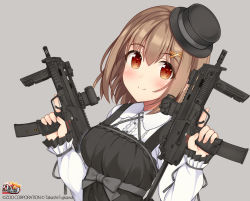 Rule 34 | 1girl, black bow, black dress, black hat, bow, breasts, buttons, center frills, closed mouth, commentary request, dress, dual wielding, eyes visible through hair, fedora, fingernails, frilled sleeves, frills, grey background, gun, h&amp;k mp7, hair ornament, hairclip, hat, holding, holding gun, holding weapon, ichigaya ai, long sleeves, looking at viewer, machine pistol, medium breasts, mini hat, personal defense weapon, pinafore dress, plaid, red eyes, rick g earth, shirt, short hair, shuuichi, simple background, sleeveless, sleeveless dress, smile, solo, submachine gun, trigger discipline, upper body, weapon, white shirt, x hair ornament