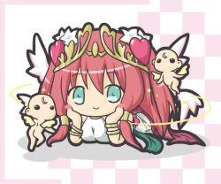 Rule 34 | 1girl, arm support, ass, blush stickers, breasts, checkered background, cherub, chibi, closed mouth, commentary request, dress, green eyes, hair between eyes, hair ornament, heart, heart hair ornament, long hair, lying, medium breasts, multiple wings, nude, on stomach, pink wings, puzzle &amp; dragons, red hair, ri-net, sidelocks, sleeveless, sleeveless dress, smile, tiara, venus (p&amp;d), white dress, wings