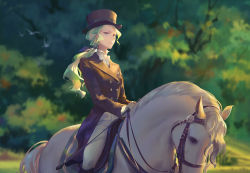 Rule 34 | 10s, 1girl, black hat, blonde hair, blue eyes, boots, diana cavendish, edakai, gloves, green hair, hat, highres, horse, horseback riding, little witch academia, long hair, multicolored hair, pants, ponytail, riding, riding crop, riding outfit, solo, top hat, tree, two-tone hair