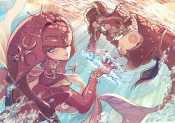 Rule 34 | 1boy, 1girl, brother and sister, child, colored skin, fins, fish boy, fish girl, hair ornament, head fins, highres, mipha, naname (seven28), nintendo, red skin, siblings, sidon, the legend of zelda, the legend of zelda: breath of the wild, underwater, zora