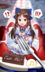 Rule 34 | !?, 1girl, apron, back bow, blue bow, blue dress, bow, bowtie, brown eyes, brown hair, building, cake, child, chocolate, commentary, cup, dress, food, fork, frilled apron, frilled bow, frills, fruit, gloom (expression), hair bow, hands up, highres, holding, holding toy, idolmaster, idolmaster cinderella girls, imminent death, layered dress, light, long hair, looking at viewer, mini person, minigirl, musical note, official alternate costume, open mouth, puffy short sleeves, puffy sleeves, saucer, scared, short sleeves, sidelocks, sitting, solo, sparkle, speech bubble, spoken musical note, strawberry, tachibana arisu, teacup, tearing up, tori ririisu, toy, trembling, wavy mouth, whipped cream, white apron, white bow, wrist cuffs, yellow bow, yellow bowtie
