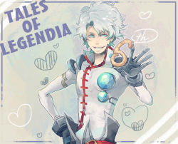 Rule 34 | 1boy, aqua eyes, bad id, bad pixiv id, blue border, border, copyright name, fuzitsu, gloves, gradient background, grin, hand on own hip, heart, hip focus, male focus, messy hair, senel coolidge, smile, solo, speech bubble, tales of (series), tales of legendia, white hair