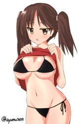 Rule 34 | 10s, 1girl, alternate breast size, ayumu (ayumu3659), bad id, bad pixiv id, bikini, black bikini, blush, breasts, brown eyes, brown hair, cleavage, clothes lift, female focus, jitome, kantai collection, large breasts, long hair, looking at viewer, navel, open mouth, ryuujou (kancolle), shirt lift, solo, standing, swimsuit, twintails, twitter username, voiceroid, white background