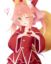 Rule 34 | 1girl, animal ear fluff, animal ears, brown eyes, christmas, collarbone, commentary request, fang, fate/extra, fate (series), fox ears, fox girl, fox tail, hair between eyes, haryuu (poetto), heart, heart hands, highres, jacket, layered skirt, long sleeves, looking at viewer, one eye closed, parted lips, pink hair, pleated skirt, red jacket, red skirt, simple background, skirt, smile, solo, tail, tamamo (fate), tamamo no mae (fate/extra), twintails, twitter username, white background, wide sleeves
