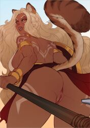 Rule 34 | 1girl, afk arena, animal ears, antandra (afk arena), ass, blonde hair, breasts, butt crack, dark-skinned female, dark skin, djcomps, highres, huge ass, jewelry, large breasts, loincloth, long hair, looking at viewer, looking back, monster girl, muscular, muscular female, narrowed eyes, open mouth, polearm, pussy, pussy peek, shield, sideboob, spear, standing, tail, tan, tattoo, thick lips, wavy hair, weapon
