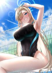 Rule 34 | 1girl, absurdres, arm up, armpits, asuna (blue archive), black one-piece swimsuit, blonde hair, blue archive, blue eyes, blue nails, blue sky, blurry, blurry background, blush, breasts, cloud, competition swimsuit, covered navel, day, fence, from below, glint, goggles, goggles on head, grin, hair over one eye, halo, highleg, highleg swimsuit, highres, large breasts, long hair, looking at viewer, nekoya mitu, one-piece swimsuit, pool, poolside, sitting, sky, smile, solo, sunlight, swimsuit, teeth, thighs, very long hair, water, wet
