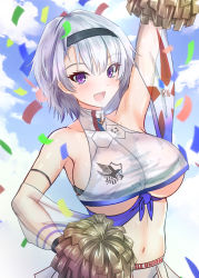 Rule 34 | 1girl, :d, arm strap, arm up, armpits, azur lane, bare shoulders, belt bra, black hairband, blue sky, blush, breasts, cheerleader, cloud, commentary request, confetti, crop top, crop top overhang, eagle union (emblem), grey hair, hair between eyes, hairband, heavy breathing, highres, holding, holding pom poms, large breasts, looking at viewer, midriff, miniskirt, navel, open mouth, parted hair, pom pom (cheerleading), pom poms, purple eyes, purple sash, reno (azur lane), reno (biggest little cheerleader) (azur lane), sash, sayashi (type5 labyrith), see-through, see-through skirt, see-through sleeves, shirt, short hair, sidelocks, skirt, sky, sleeveless, smile, solo, standing, sweat, teeth, underboob, upper body, upper teeth only, wet, wet clothes