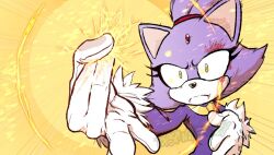 Rule 34 | 1girl, animal ears, blaze the cat, cat ears, energy, forehead jewel, furry, furry female, gloves, jacket, looking at viewer, purple fur, purple jacket, solo, sonic (series), topspin the fuzzy, upper body, white gloves, yellow background, yellow eyes