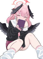 Rule 34 | 1girl, absurdres, black shirt, black wings, blue archive, book, breasts, caffeine 0128, covering own mouth, feathered wings, feet out of frame, flat chest, furrowed brow, hair over crotch, halo, head wings, highres, holding, holding book, koharu (blue archive), long sleeves, looking at viewer, loose socks, low wings, miniskirt, neckerchief, no headwear, off shoulder, pink eyes, pink hair, pink halo, pink neckerchief, pink skirt, pleated skirt, puffy long sleeves, puffy sleeves, pussy juice, red halo, sailor collar, sailor shirt, shirt, simple background, single bare shoulder, sitting, skirt, sleeves past wrists, small breasts, socks, solo, twintails, white background, white sailor collar, white socks, winged halo, wings