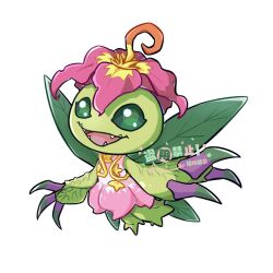 Rule 34 | cosplay, digimon, digimon (creature), flower, lilimon, lilimon (cosplay), monster girl, palmon, petals, plant girl, sharp teeth, simple background, solo, teeth, white background