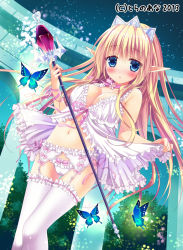 Rule 34 | 1girl, babydoll, bare shoulders, blonde hair, blue eyes, blush, bow, breasts, bug, butterfly, cleavage, elf, frilled panties, frilled thighhighs, frills, garter belt, gloves, hair ornament, insect, kizuki erika, lingerie, long hair, midriff, navel, original, panties, pointy ears, ribbon, solo, staff, thighhighs, underwear, wand, white panties, white thighhighs