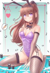 Rule 34 | 1girl, absurdres, animal ears, bad id, bad pixiv id, black bow, black bowtie, black thighhighs, borrowed character, bow, bowtie, breasts, bridal gauntlets, brown hair, card (medium), casino card table, commentary, english commentary, fake animal ears, fishnet thighhighs, fishnets, full body, gradient background, highres, hungrydurp, leotard, long hair, looking at viewer, nail polish, original, playboy bunny, poker chip, ponytail, purple eyes, purple leotard, rabbit ears, rabbit girl, rabbit tail, sitting, smile, solo, strapless, strapless leotard, table, tail, thighhighs, wariza