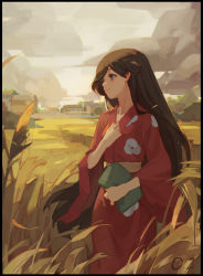 Rule 34 | 1girl, black hair, building, cloud, day, dayfuture, dororo (tezuka), floral print, hand up, japanese clothes, kimono, mio (dororo), outdoors, red eyes, red kimono, signature, sky, solo, standing, town, white sky