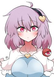 Rule 34 | 1girl, absurdres, blush, breasts, frilled shirt collar, frills, hair ornament, heart, heart hair ornament, highres, komeiji satori, long sleeves, looking at viewer, pink eyes, pink hair, scavia10, short hair, simple background, third eye, touhou, upper body, white background
