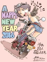 Rule 34 | 10s, 1girl, 2016, absurdres, bikini, bikini top only, brown eyes, brown hair, cutoffs, goggles, goggles on head, highres, motor vehicle, motorcycle, nengajou, new year, original, sekihan, short hair, solo, striped clothes, striped thighhighs, swimsuit, thighhighs, v, vehicle
