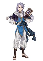 Rule 34 | 1boy, absurdres, adapted costume, arthur (fire emblem: genealogy of the holy war), baggy pants, belt, book, capelet, ebinku, fire emblem, fire emblem: genealogy of the holy war, full body, grin, hand on own hip, highres, long hair, male focus, nintendo, open mouth, pants, purple eyes, purple hair, sandals, sash, scarf, smile, solo, standing, white background