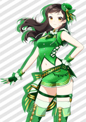Rule 34 | 1girl, boots, bow, breasts, brown hair, closed mouth, contrapposto, diagonal stripes, dolphin shorts, fingerless gloves, floating hair, gloves, green bow, green footwear, green gloves, green hat, green shirt, green shorts, hair bow, hat, idolmaster, idolmaster million live!, kitazawa shiho, long hair, looking at viewer, medium breasts, midriff, mini hat, navel, shirt, short shorts, shorts, sleeveless, sleeveless shirt, smile, solo, standing, stomach, striped, striped background, swept bangs, thigh boots, thigh strap, thighhighs, touon, white thighhighs, yellow eyes, zettai ryouiki