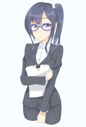 Rule 34 | 10s, 1girl, :o, blazer, blue-framed eyewear, blue hair, blush, cropped legs, dress shirt, formal, glasses, highres, holding, holding paper, imai midori, jacket, long hair, long sleeves, looking at viewer, pant suit, pants, paper, papers, purple eyes, shirobako, shirt, shunichi, side ponytail, simple background, solo, suit, white background, wing collar
