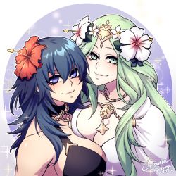 Rule 34 | 2020, 2girls, artist name, bikini, blue eyes, blush, breast press, breasts, byleth (female) (fire emblem), byleth (female) (summer) (fire emblem), byleth (fire emblem), cleavage, closed mouth, copyright name, crescentia fortuna, female focus, fire emblem, fire emblem: three houses, flower, green eyes, green hair, hair flower, hair ornament, large breasts, long hair, matching hair/eyes, multiple girls, nintendo, official alternate costume, rhea (fire emblem), signature, simple background, smile, swimsuit, symmetrical docking, tiara