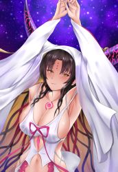 Rule 34 | 1girl, armpits, arms up, bare shoulders, black hair, blush, breasts, chest tattoo, cleavage, closed mouth, collarbone, crimecrime, detached sleeves, facial mark, fate/extra, fate/extra ccc, fate (series), forehead mark, highres, horns, large breasts, long hair, looking at viewer, navel, parted bangs, revealing clothes, sessyoin kiara, sideboob, sky, smile, solo, star (sky), starry sky, tattoo, veil, very long hair, wavy hair, wide sleeves, yellow eyes