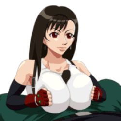 Rule 34 | 1990s (style), 1girl, animated, animated gif, barret wallace, breasts, brown hair, dark-skinned male, dark skin, earrings, elbow gloves, final fantasy, final fantasy vii, fingerless gloves, gloves, huge breasts, interracial, jewelry, long hair, lowres, necrolust, paizuri, penis, red eyes, retro artstyle, shirt, suspenders, tank top, taut clothes, taut shirt, tifa lockhart, white background