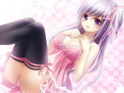 Rule 34 | 1girl, babydoll, bad id, bad pixiv id, bare arms, bare shoulders, black thighhighs, blush, breasts, bug, butterfly, checkered background, chemise, cleavage, hair ornament, hair ribbon, hairclip, hands on own chest, insect, long hair, looking at viewer, medium breasts, original, panties, pink babydoll, pink panties, purple eyes, purple hair, ribbon, shiny skin, shiramori yuse, side ponytail, smile, solo, thighhighs, underwear, underwear only