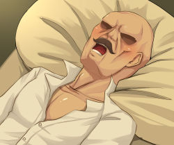 Rule 34 | 1boy, bald, blush, buttons, commentary request, faceless, faceless male, facial hair, highres, kitsunerider, male focus, manatsu no yo no inmu, mustache, open mouth, original, pectoral cleavage, pectorals, pillow, shirt, solo, upper body, white shirt
