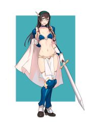 Rule 34 | 1girl, alternate costume, armor, bikini armor, black hair, blush, boots, breasts, cape, collarbone, commentary request, gauntlets, glasses, green eyes, hair between eyes, hairband, highres, holding, kantai collection, long hair, looking at viewer, navel, ooyodo (kancolle), open mouth, pelvic curtain, semi-rimless eyewear, silver trim, simple background, skindentation, small breasts, smile, solo, standing, stomach, sword, thighhighs, under-rim eyewear, weapon, yuuji (and)