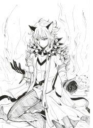 Rule 34 | 1boy, absurdres, animal ears, cat ears, closed mouth, coat, commentary request, dated, fire, foot out of frame, frown, gloves, greyscale, highres, lanmei jiang, long sleeves, looking at viewer, male focus, monochrome, open clothes, open coat, pants, ragnarok online, shirt, shoes, short hair, simple background, solo, split mouth, warlock (ragnarok online)