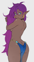 Rule 34 | 1girl, ass, back, bare shoulders, blue eyes, butt crack, cheshirrr, choker, commentary, dark-skinned female, dark skin, earrings, from behind, highres, jewelry, long braid, long hair, looking at viewer, looking back, pointy ears, purple hair, shantae, shantae (series), simple background, sketch, solo, very long hair, white background
