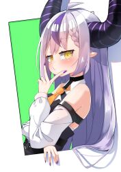 Rule 34 | 1girl, absurdres, ahoge, bare shoulders, blush, collar, demon girl, demon horns, detached sleeves, green background, highres, hololive, horns, kamaboko (kmm15a), la+ darknesss, la+ darknesss (1st costume), long hair, multicolored hair, nail polish, necktie, pointy ears, pout, purple hair, sleeveless, solo, streaked hair, striped horns, two-tone hair, very long hair, virtual youtuber, yellow eyes