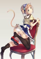 Rule 34 | 1girl, animal ears, apron, arched back, ass, black legwear, blouse, blue skirt, brown hair, cat ears, cat girl, cat tail, chair, commentary request, deecha, feet, frilled apron, frills, gradient background, green eyes, headdress, high-waist skirt, highres, kneeling, looking at viewer, looking back, original, panties, parted lips, puffy short sleeves, puffy sleeves, shirt, shoe dangle, shoes, short hair, short sleeves, sidelocks, single shoe, skirt, soles, solo, tail, thighhighs pull, thighs, underwear, waist apron, wedgie, white panties