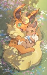 Rule 34 | absurdres, artist name, blue gemstone, creatures (company), eevee, flareon, flower, game freak, gem, gen 1 pokemon, grass, highres, holding, holding gem, jewelry, necklace, nintendo, no humans, nullma, on grass, one eye closed, open mouth, outdoors, pokemon, pokemon (creature), watermark