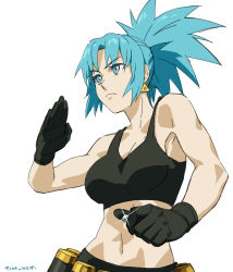 Rule 34 | 1girl, bare shoulders, black gloves, black pants, black tank top, blue eyes, blue hair, earrings, fighting stance, gas can, gloves, highres, jewelry, leona heidern, midriff, muscular, muscular female, navel, pants, simple background, soldier, solo, tank top, the king of fighters, tim yan, white background