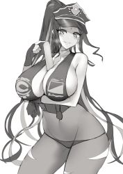 Rule 34 | 1girl, bare shoulders, between breasts, bikini, blush, breasts, cleavage, collarbone, cowboy shot, facial mark, fate/grand order, fate (series), forehead mark, gloves, greyscale, highres, huge breasts, kuavera, long hair, looking at viewer, monochrome, navel, police, police uniform, policewoman, ponytail, revealing clothes, sessyoin kiara, sessyoin kiara (swimsuit mooncancer), sessyoin kiara (swimsuit mooncancer) (second ascension), simple background, smile, solo, standing, swimsuit, tagme, tattoo, uniform, very long hair, wavy hair, white background
