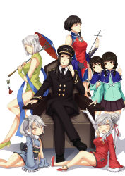 Rule 34 | 1boy, 6+girls, absurdres, admiral (warship girls r), axis powers hetalia, bare shoulders, black hair, braid, brown eyes, brown hair, capelet, chair, chao ho (warship girls r), character request, china (hetalia), china dress, chinese clothes, chongqing (warship girls r), crossed legs, detached sleeves, double bun, dress, flower, green eyes, hair bun, hair flower, hair ornament, hair ribbon, hair tubes, hat, highres, japanese clothes, kelang, kimono, long hair, looking at viewer, lying, middle finger, military, military uniform, mole, mole under eye, multiple girls, ning hai (warship girls r), obi, oil-paper umbrella, on side, pantyhose, peaked cap, ping hai (warship girls r), pleated skirt, ponytail, pot, red eyes, ribbon, sash, short hair, short kimono, side bun, side ponytail, silver hair, single side bun, sitting, skirt, standing, umbrella, uniform, warship girls r, white background, yat sen (warship girls r), yellow eyes, ying swei (warship girls r)