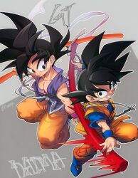 Rule 34 | aged down, black eyes, black hair, blue wristband, closed mouth, dougi, dragon ball, dragon ball daima, dragon ball gt, dual persona, full body, grin, holding, looking at viewer, male focus, multiple boys, muscular, muscular male, ommmyoh, open mouth, pectorals, ruyi jingu bang, simple background, single strap, smile, son goku, spiked hair, teeth, weapon, wristband