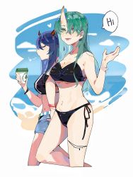 Rule 34 | 2girls, arknights, bikini, black bikini, blue shorts, bracelet, breasts, ch&#039;en (arknights), ch'en (arknights), cleavage, closed eyes, cup, disposable cup, english text, female tourist c (arknights), green hair, groin, hand up, haobuguniao, heart, highres, holding, holding cup, horns, hoshiguma (arknights), jewelry, long hair, looking at viewer, medium breasts, multiple girls, musical note, navel, open mouth, shorts, single horn, smile, speech bubble, swimsuit, walking, yellow eyes
