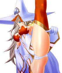 Rule 34 | 1girl, alternate color, aqua eyes, arc system works, ass, blazblue, blazblue: central fiction, breasts, brown hair, cape, dress, female focus, gloves, hat, high kick, highres, kicking, konoe a. mercury, large breasts, leg up, legs, long hair, panties, shiny skin, short dress, smile, solo, thighhighs, underwear, witch, witch hat, wiz (shadow)